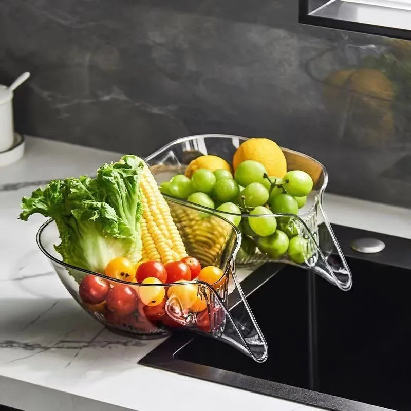 Multifunctional Kitchen Drain Basket - Clear Fruit & Vegetable Filter Bowl with Spout