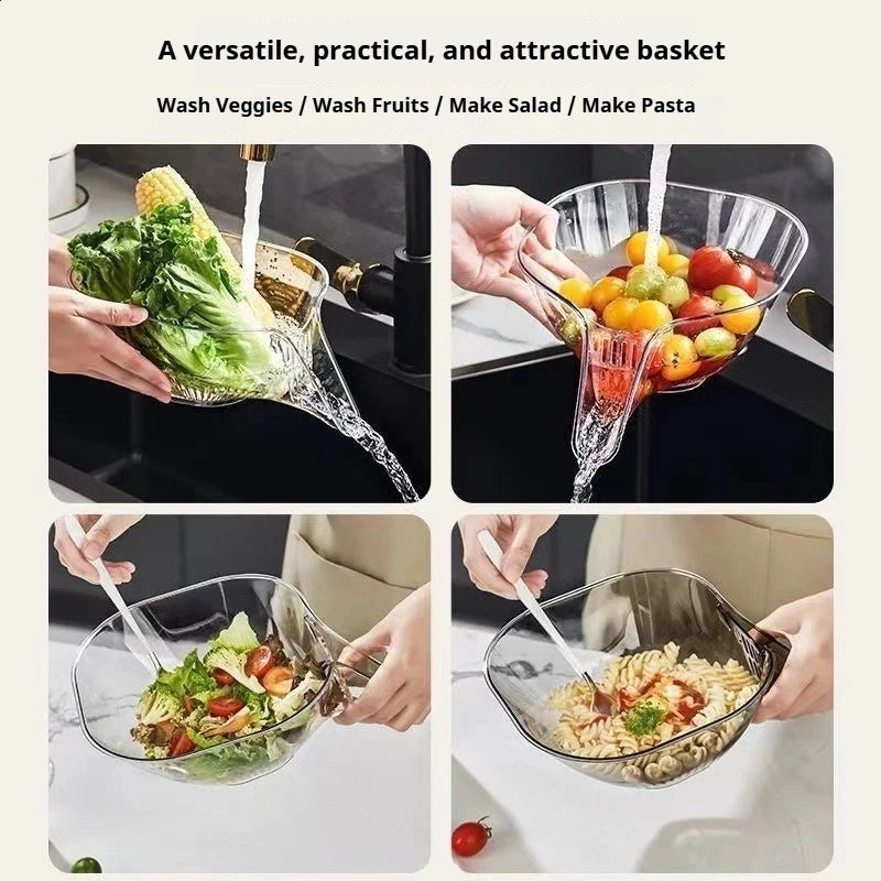 Multifunctional Kitchen Drain Basket - Clear Fruit & Vegetable Filter Bowl with Spout