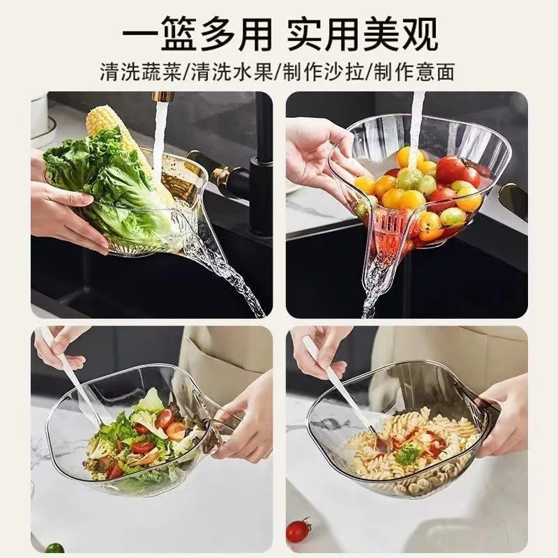 Multifunctional Kitchen Drain Basket - Clear Fruit & Vegetable Filter Bowl with Spout